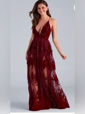 Windsor Wine Red Floral Sheer Maxi Dress